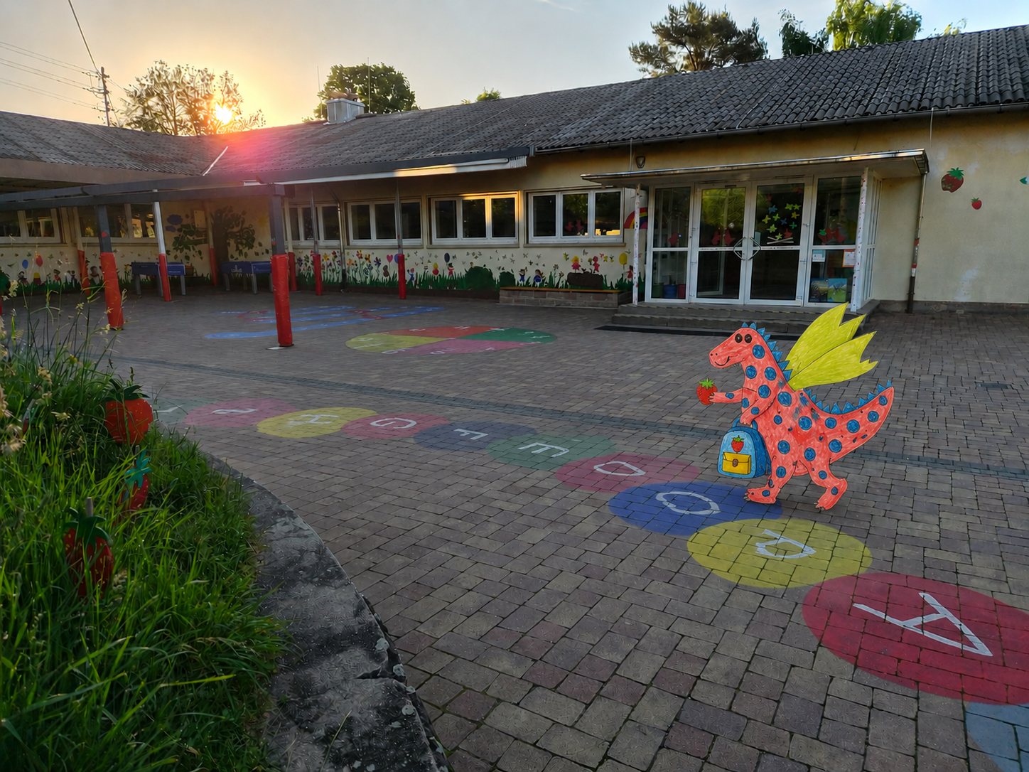 Der Schulhof der Grundschule Staufenberg im Abendlicht, mit Fuego und den bunten Buchstabenkreisen
